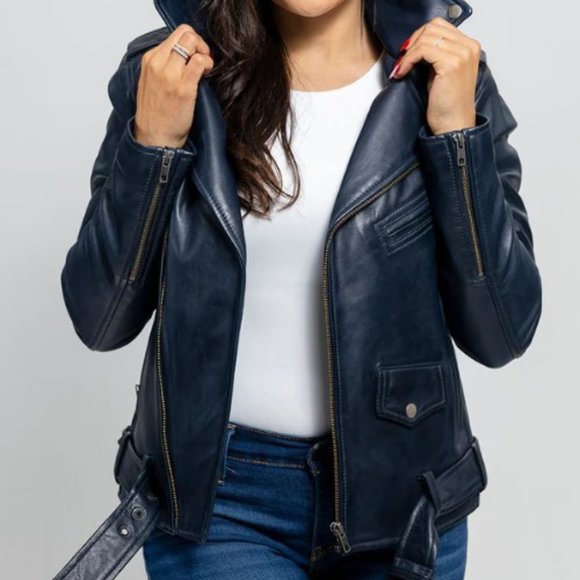 Whet Blue REBEL WOMENS FASHION LEATHER JACKET NAVY BLUE Size XL